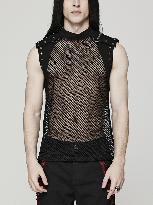 Stand Collar Perspective Black Elastic Mesh Stitching Denim Fabric Handsome Punk Style Hollow Vest