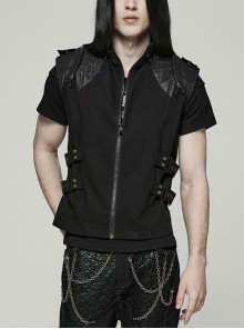 Non Stretch Black Twill Stand Up Collar Wide Shoulders Side Waist Webbing Decorative Panel Handsome Punk Wind Vest