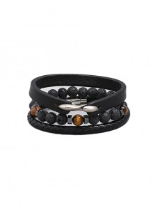 Simple Personality Hand-Woven Volcanic Stone Men's Three-Piece Leather Bracelet
