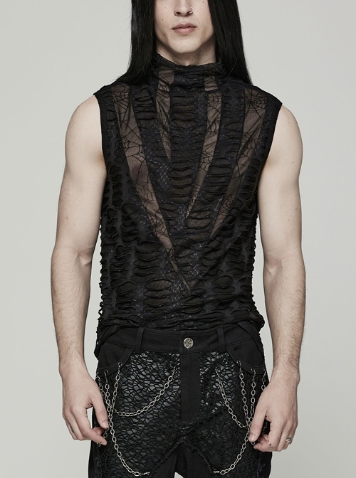 Black Stretch Mesh Asymmetric Teeth Gothic Turtleneck Tank Vest