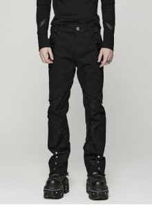 Black Symmetrical Irregular Twill Splicing Cobweb Sides With Rope Punk Style Trousers
