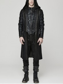 Micro Elastic Twill Print Stitching Cracked Leather Black Hollow Mesh Punk Style Hooded Jacket