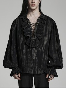 Non-Stretch Loose Black Balloon Sleeve Jacquard Woven V-Neck String Gothic Shirt