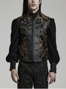 Black And Golden Jacquard Weaved Stand Collar With Side Stitching Metal Ring Decoration Gothic Wind Vest