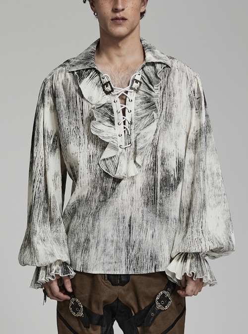Non-Stretch Loose White Balloon Sleeve Jacquard Woven V-Neck String Gothic Shirt