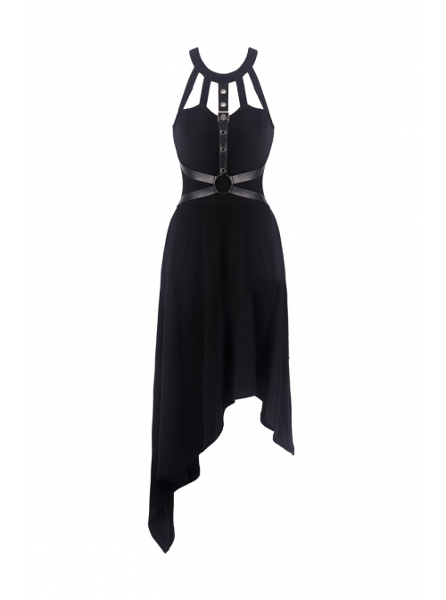 Black Off-Shoulder Metallic Leather Bandage Asymmetrical Hem Punk Dress -  Magic Wardrobes