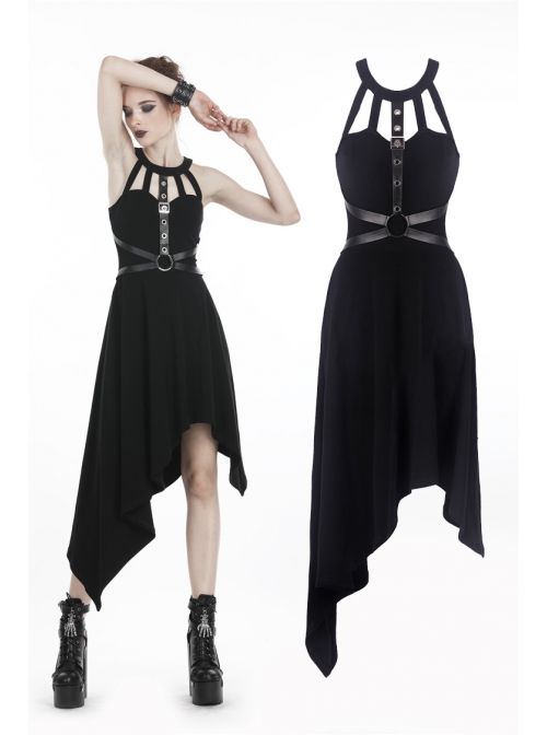 Black Off-Shoulder Metallic Leather Bandage Asymmetrical Hem Punk Dress