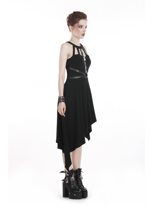 Black Off-Shoulder Metallic Leather Bandage Asymmetrical Hem Punk Dress