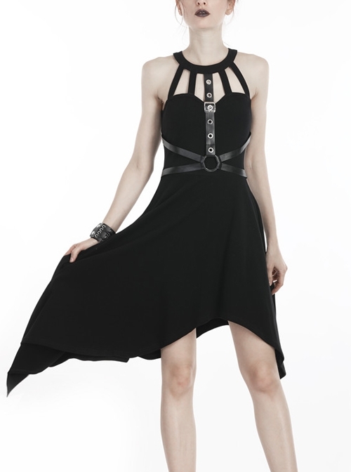 Black Off-Shoulder Metallic Leather Bandage Asymmetrical Hem Punk Dress