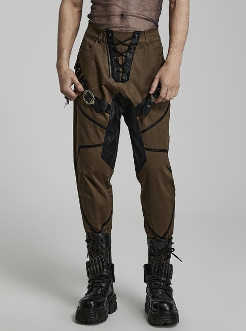 Stretch Black Coffee Color Woven Inner Thigh Adjustable Punk Style Handsome Harem Pants