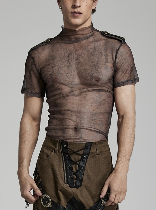 Printed Stretch Coffee Color Mesh Stand Collar Punk Style Slim Fit T-Shirt