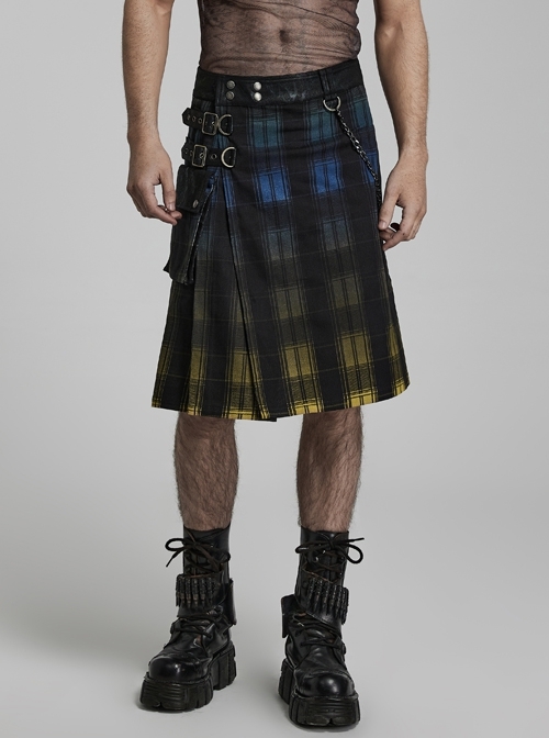 Yellow And Blue Gradient Woven Panel Print Adjustable Snap Button Punk Scottish Skirt