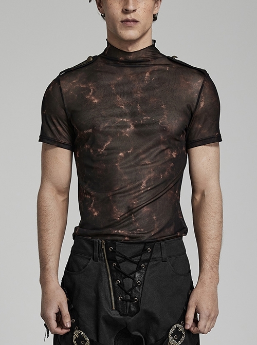 Stretch-Shoulder Sculptural Embossed Black Coffee Mesh Stand Collar Punk-Fit T-Shirt