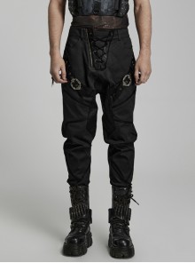 Stretch Black Color Woven Inner Thigh Adjustable Punk Style Handsome Harem Pants