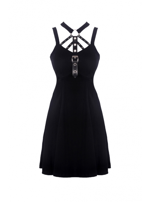 Black Metal Leather Bandage Halter Punk Dress