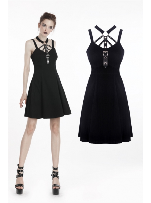 Black Metal Leather Bandage Halter Punk Dress