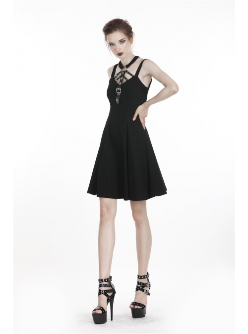 Black Metal Leather Bandage Halter Punk Dress