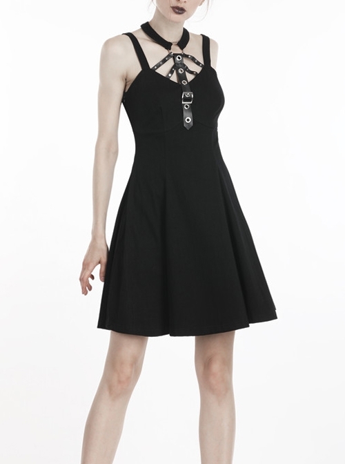 Black Metal Leather Bandage Halter Punk Dress