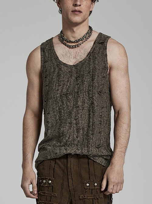 Stretch Espresso Knit Mottled Leopard Print Doomsday Punk Ripped Tank Vest