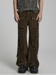 Coffee Twill Denim Ripped Side Studs Embellished With Doomsday Punk Trousers