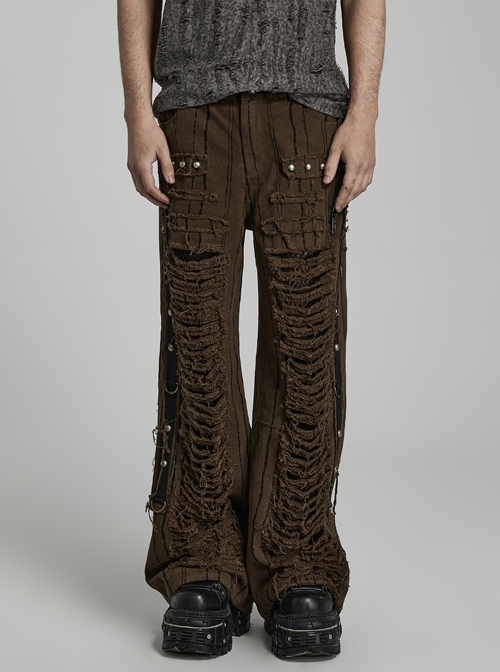 Coffee Twill Denim Ripped Side Studs Embellished With Doomsday Punk Trousers