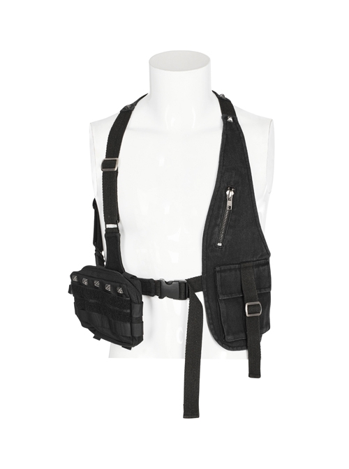 Black Asymmetric Twill Non-Stretch Detachable Pouch Doomsday Punk Vest