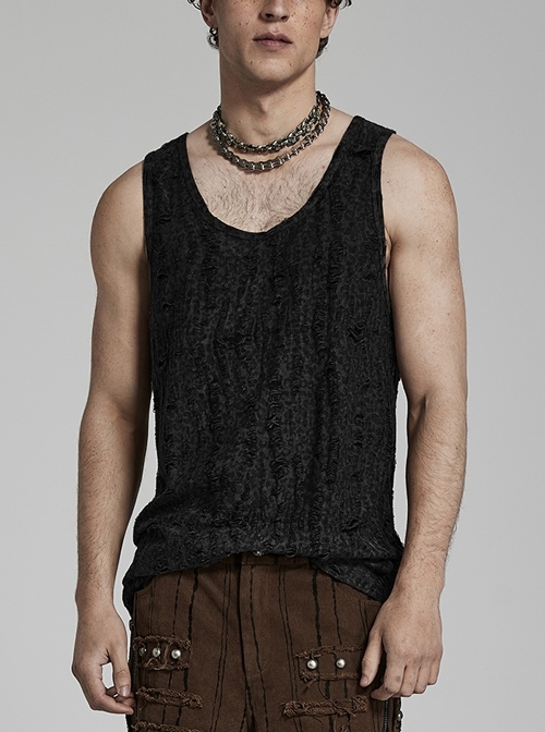 Stretch Black Knit Mottled Leopard Print Doomsday Punk Ripped Tank Vest