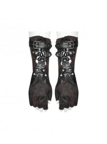 Stretch Black Coffee Knit Print Hand Back With Rope Hollow Out Punk Style Fingerless Gloves
