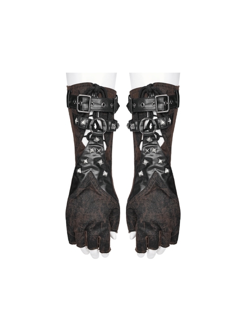 Stretch Black Coffee Knit Print Hand Back With Rope Hollow Out Punk Style Fingerless Gloves