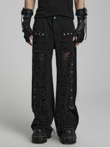 Black Twill Denim Side Webbing Metal Studs Embellished With Doomsday Punk Style Ripped Trousers