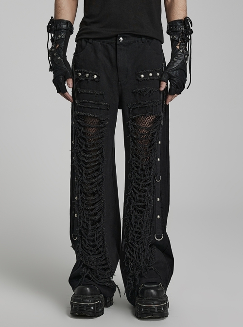 Black Twill Denim Side Webbing Metal Studs Embellished With Doomsday Punk Style Ripped Trousers