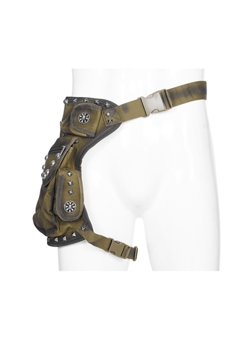 Adjustable Non-Stretch Nylon Twill Studs Coffee Color Doom Punk Waist Bag