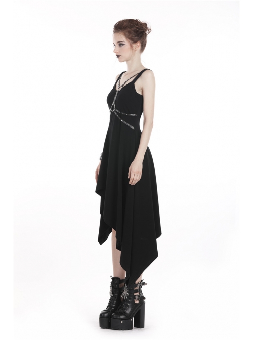 Black Rivet Studded Bandage Asymmetrical Hem Sling Punk Dress