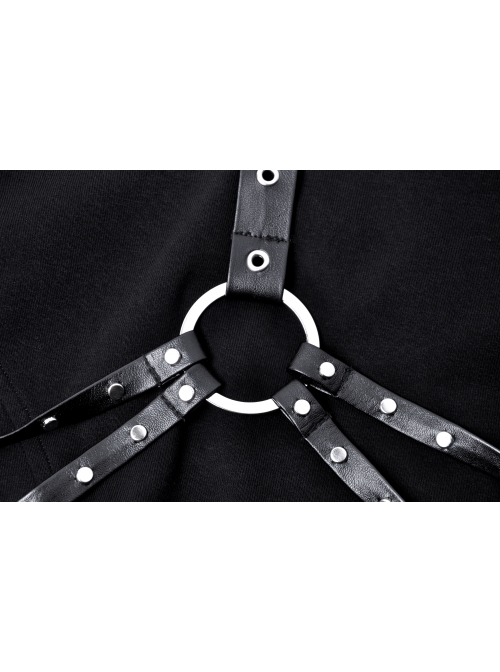 Black Rivet Studded Bandage Asymmetrical Hem Sling Punk Dress
