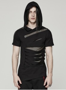 Black Loose Stretch Knit Panel Ripped Mesh Punk Hooded T-Shirt
