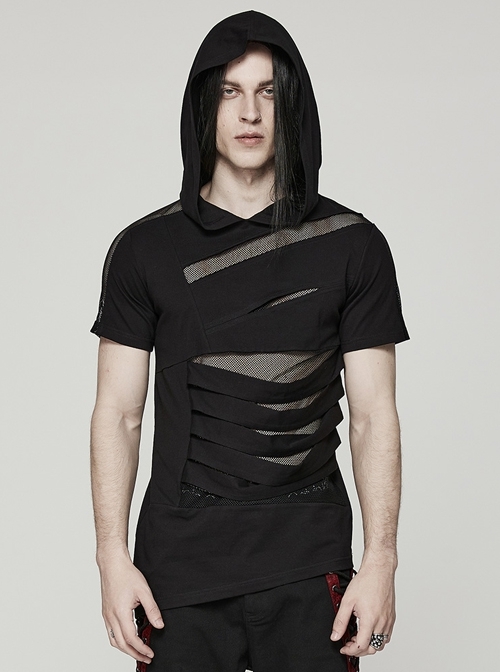 Black Loose Stretch Knit Panel Ripped Mesh Punk Hooded T-Shirt
