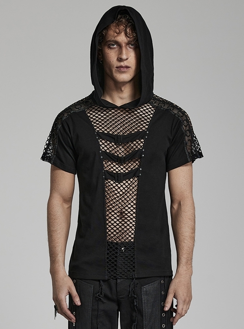 Stretch Knitted Stitching Hollow Mesh Japanese Buckle Strap Punk Style Hooded Short-Sleeved T-Shirt