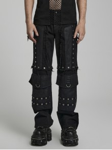 Denim Twill Panel Eyelet Web Detachable Black Punk Reversible Trousers