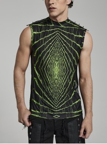 Wide-Shouldered Black And Green Stretch-Knit Paneled Mesh Shimmery Cyber Punk-Print Tank Vest