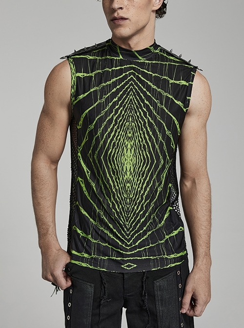 Wide-Shouldered Black And Green Stretch-Knit Paneled Mesh Shimmery Cyber Punk-Print Tank Vest
