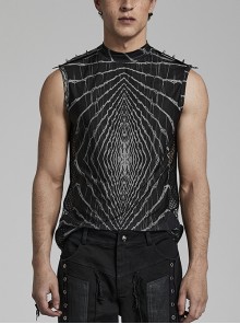 Wide-Shoulder Black And Gray Stretch-Knit Paneled Mesh Shiny Cyber Punk Print Tank Vest