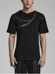 Stretch-Knit Asymmetric Drop Collar Cracked Punk Daily T-Shirt