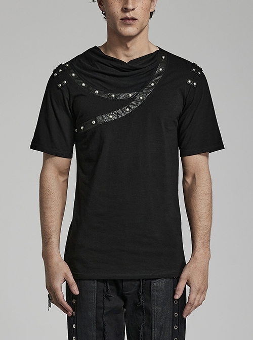 Stretch-Knit Asymmetric Drop Collar Cracked Punk Daily T-Shirt