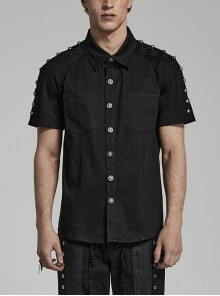 Slim Fit Elastic Black Twill Personalized Ghost Button Punk Short-Sleeved Shirt