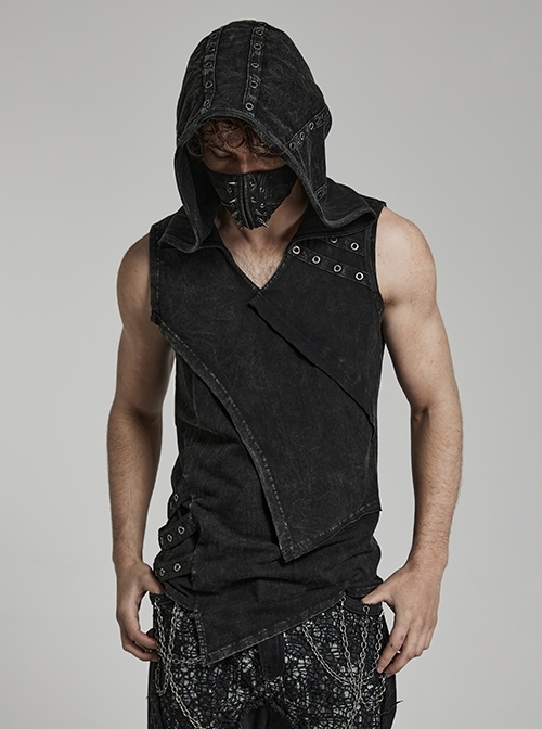Black Asymmetrical Stretch Front Asymmetrical Punk Hooded Tank