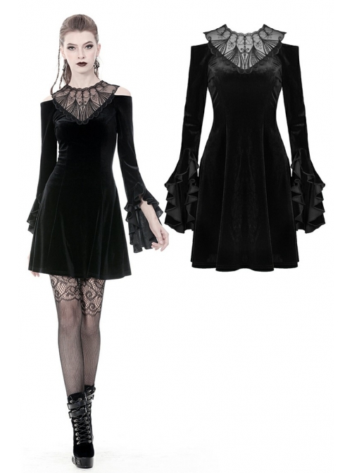 Black Chest Hollow Embroidery Off-Shoulder Long Sleeves Gothic Dress