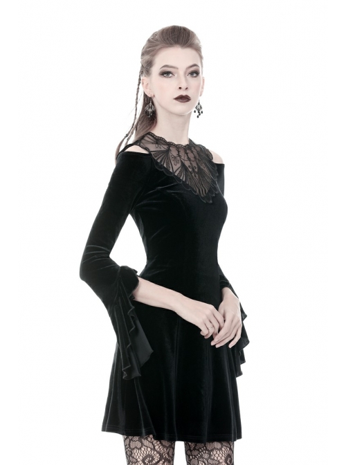 Black Chest Hollow Embroidery Off-Shoulder Long Sleeves Gothic Dress