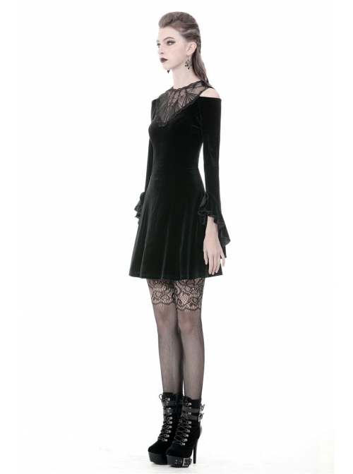 Black Chest Hollow Embroidery Off-Shoulder Long Sleeves Gothic Dress