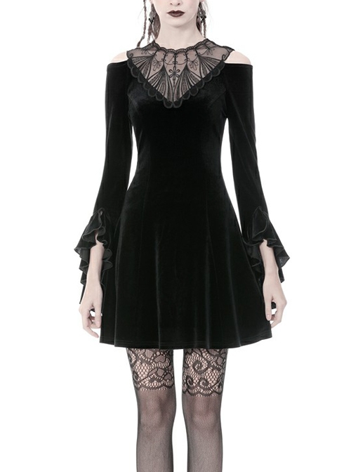 Black Chest Hollow Embroidery Off-Shoulder Long Sleeves Gothic Dress