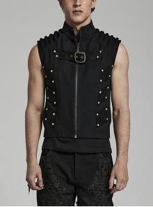 Black Non-Stretch Twill Stitching Old-Fashioned Suede Leather Japanese Buckle Decoration Doomsday Punk Style Vest